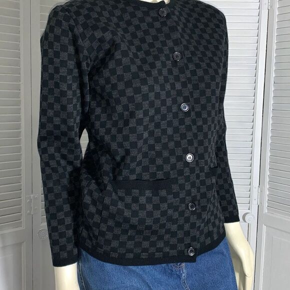 Vintage Black Checkered Button Down Cardigan Sweater Size Small - Picture 1 of 12